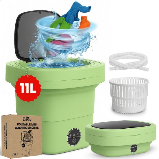 Boncy® Premium Mini Wasmachine met centrifuge - 11L Groen - Compacte Opvouwbare Miniwasmachine - Kleine Wasmachine Opvouwbaar - Ideaal voor Camping Apartement Kamer of Reizen - 4 kg +